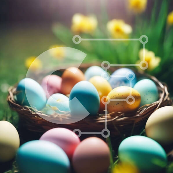 Intra Συλλεκτικό Ξύλινο Παζλ Plywood  4mm - Πολύχρωμα Πασχαλινά αυγά και νάρκισσους στο γρασίδι Σε Ξύλινο Κουτί - Διαστάσεις: 10x10 cm – 25 κομμάτια