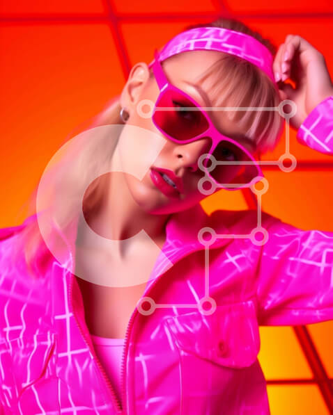 Intra Συλλεκτικό Ξύλινο Παζλ Plywood  4mm - Σίγουρη νεαρή γυναίκα με ροζ γυαλιά ηλίου μπροστά από πορτοκαλί φόντο Σε Ξύλινο Κουτί - Διαστάσεις Puzzle: 10x10 cm – 25 κομμάτια