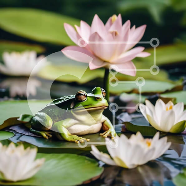 Intra Συλλεκτικό Ξύλινο Παζλ Plywood  4mm - Πράσινος βάτραχος σε ροζ νούφαρα σε μια λίμνη Σε Ξύλινο Κουτί - Διαστάσεις: 10x10 cm – 25 κομμάτια