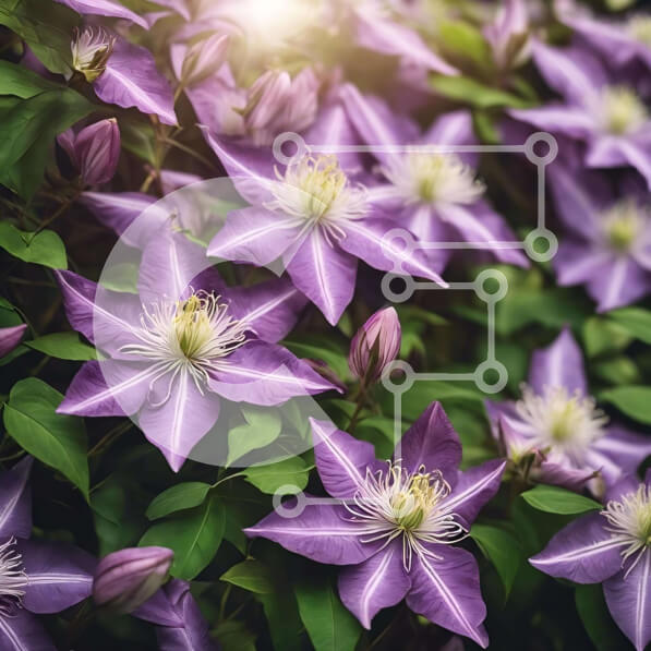 Intra Συλλεκτικό Ξύλινο Παζλ Plywood  4mm - Μωβ Clematis λουλούδια ανθισμένα με λαμπερή ηλιοφάνεια Σε Ξύλινο Κουτί - Διαστάσεις: 10x10 cm – 25 κομμάτια