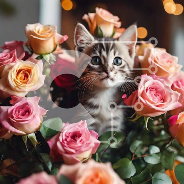 Intra Συλλεκτικό Ξύλινο Παζλ Plywood  4mm - Περίεργο γατάκι με ροζ και κίτρινα τριαντάφυλλα Σε Ξύλινο Κουτί - Διαστάσεις: 10x10 cm – 25 κομμάτια