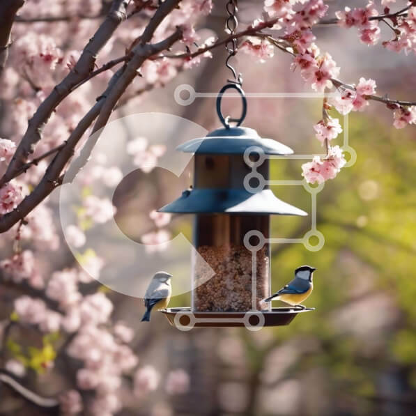 Intra Συλλεκτικό Ξύλινο Παζλ Plywood  4mm - Ταΐστρα πουλιών με μικρά πουλιά και ροζ άνθη Σε Ξύλινο Κουτί - Διαστάσεις: 10x10 cm – 25 κομμάτια