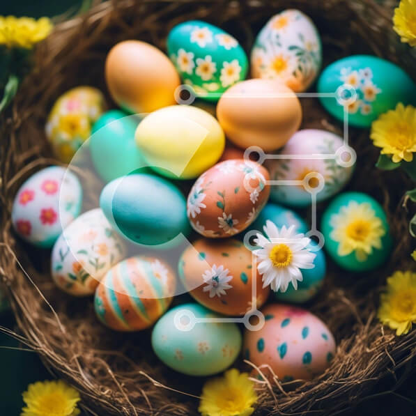 Intra Συλλεκτικό Ξύλινο Παζλ Plywood  4mm - Πολύχρωμα Πασχαλινά αυγά και λουλούδια σε μια φωλιά Σε Ξύλινο Κουτί - Διαστάσεις: 10x10 cm – 25 κομμάτια