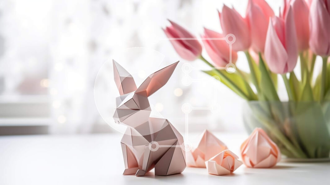 Intra Συλλεκτικό Ξύλινο Παζλ Plywood  4mm - Origami κουνέλι και ροζ τουλίπες στο τραπέζι Σε Ξύλινο Κουτί - Διαστάσεις Puzzle: 10x10 cm – 25 κομμάτια