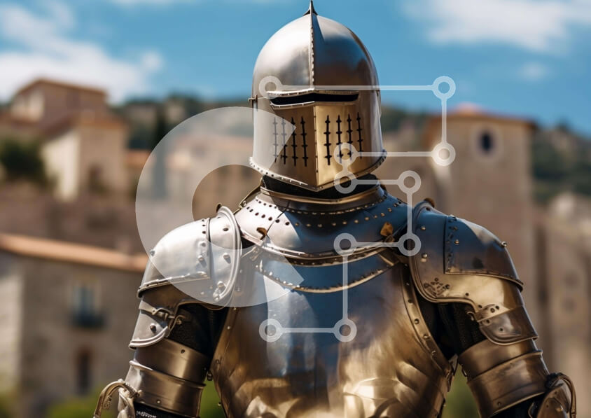 Intra Συλλεκτικό Ξύλινο Παζλ Plywood  4mm - Μεσαιωνικός ιππότης με πανοπλία που στέκεται μπροστά από το αρχαίο κάστρο Σε Ξύλινο Κουτί - Διαστάσεις Puzzle: 10x10 cm – 25 κομμάτια