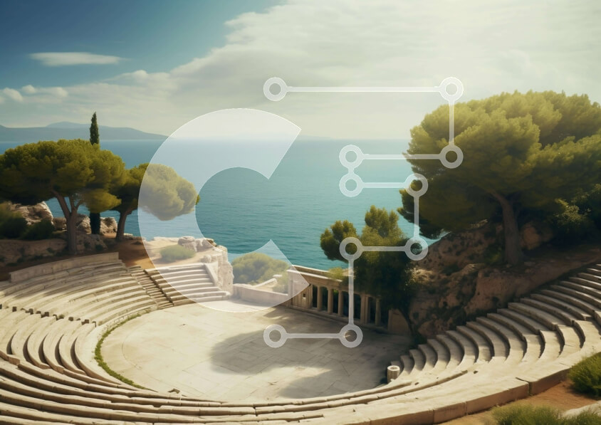 Intra Συλλεκτικό Ξύλινο Παζλ Plywood  4mm - Αμφιθέατρο μπροστά στον ωκεανό με ξύλινα καθίσματα και δέντρα Σε Ξύλινο Κουτί - Διαστάσεις: 10x10 cm – 25 κομμάτια