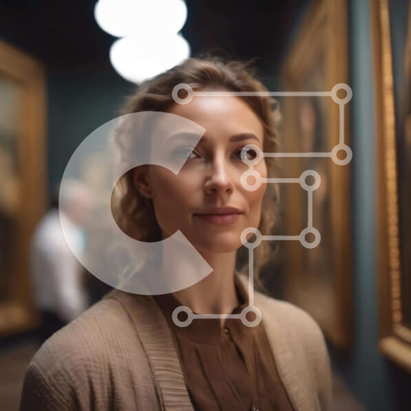 Intra Συλλεκτικό Ξύλινο Παζλ Plywood  4mm - Γυναίκα σε γκαλερί τέχνης ή μουσείο που περιβάλλεται από πίνακες ζωγραφικής Σε Ξύλινο Κουτί - Διαστάσεις Puzzle: 10x10 cm – 25 κομμάτια