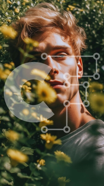 Intra Συλλεκτικό Ξύλινο Παζλ Plywood  4mm - Ο σοβαρός νεαρός άνδρας στέκεται ανάμεσα σε κίτρινα λουλούδια σε ένα χωράφι Σε Ξύλινο Κουτί - Διαστάσεις Puzzle: 10x10 cm – 25 κομμάτια