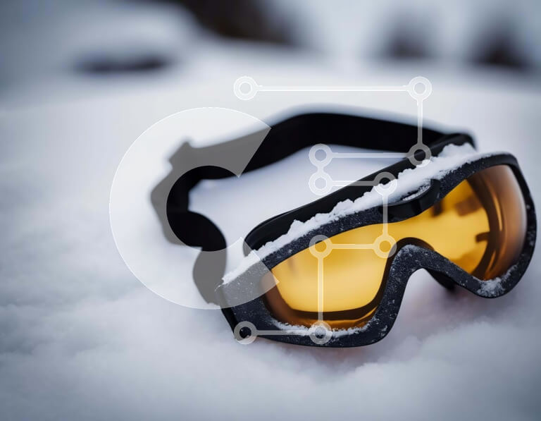 Intra Συλλεκτικό Ξύλινο Παζλ Plywood  4mm - Μαύρα γυαλιά σκι με κίτρινους φακούς στο χιόνι Σε Ξύλινο Κουτί - Διαστάσεις Puzzle: 10x10 cm – 25 κομμάτια