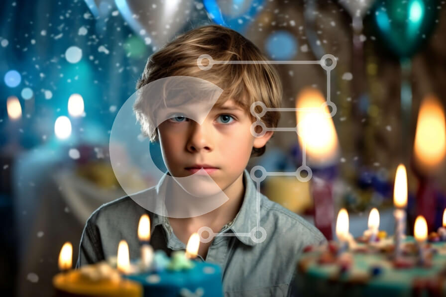 Intra Συλλεκτικό Ξύλινο Παζλ Plywood  4mm - Το σοβαρό αγόρι στέκεται μπροστά από αναμμένα κεριά γενεθλίων στο πάρτι Σε Ξύλινο Κουτί - Διαστάσεις Puzzle: 10x10 cm – 25 κομμάτια