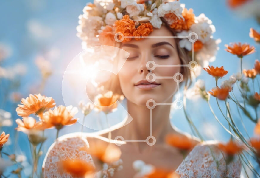 Intra Συλλεκτικό Ξύλινο Παζλ Plywood  4mm - Όμορφη νεαρή γυναίκα σε ένα χωράφι με λουλούδια με πορτοκαλί λουλούδι στέμμα Σε Ξύλινο Κουτί - Διαστάσεις Puzzle: 10x10 cm – 25 κομμάτια