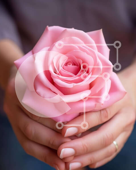 Intra Συλλεκτικό Ξύλινο Παζλ Plywood  4mm - Κοντινό πλάνο γυναίκας που κρατά ροζ τριαντάφυλλο με δαχτυλίδια Σε Ξύλινο Κουτί - Διαστάσεις Puzzle: 10x10 cm – 25 κομμάτια