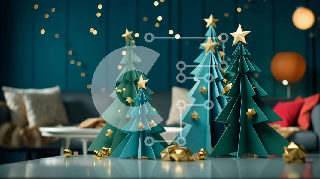 Intra Συλλεκτικό Ξύλινο Παζλ Plywood  4mm - Μπλε χριστουγεννιάτικα δέντρα με χρυσά αστέρια σε ένα τραπέζι Σε Ξύλινο Κουτί - Διαστάσεις: 10x10 cm – 25 κομμάτια