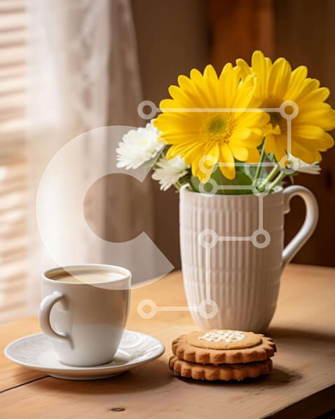 Σετ των 2 Intra Συλλεκτικό Ξύλινο Παζλ Plywood  4mm - Καφές, μπισκότα και κίτρινα λουλούδια στο τραπέζι Σε Ξύλινο Κουτί - Διαστάσεις: 10x10 cm – 25 κομμάτια