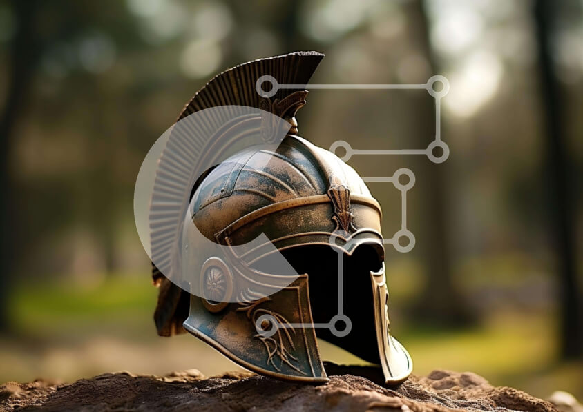 Intra Συλλεκτικό Ξύλινο Παζλ Plywood  4mm - Αρχαίο σπαρτιατικό κράνος σε φόντο βράχου Σε Ξύλινο Κουτί - Διαστάσεις Puzzle: 10x10 cm – 25 κομμάτια