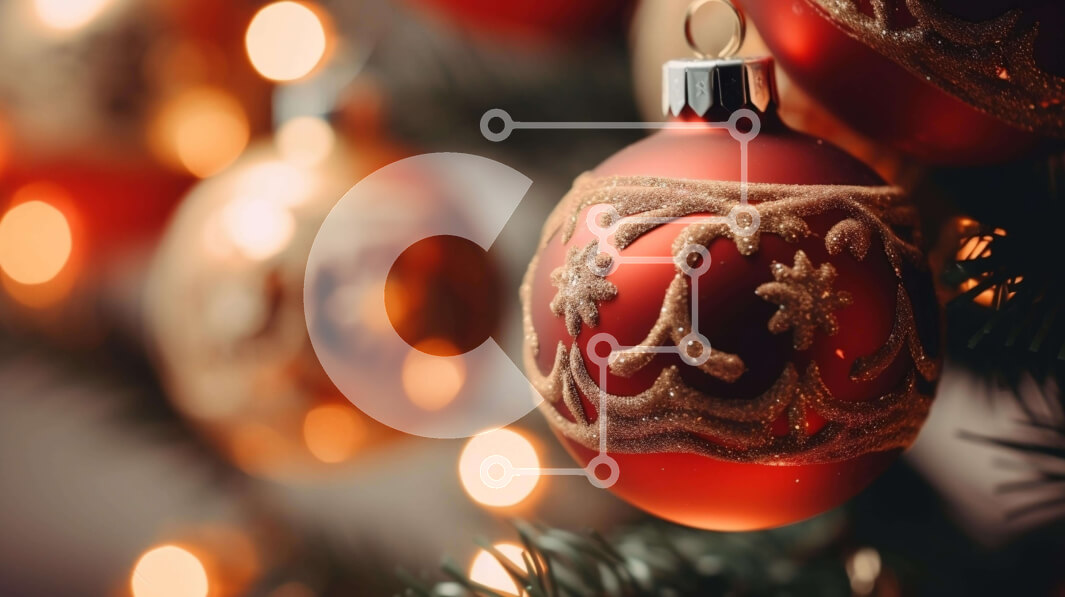 Intra Συλλεκτικό Ξύλινο Παζλ Plywood  4mm - Κόκκινα χριστουγεννιάτικα στολίδια που κρέμονται σε ένα χριστουγεννιάτικο δέντρο με χρυσά και ασημένια φώτα Σε Ξύλινο Κουτί - Διαστάσεις: 10x10 cm – 25 κομμάτια