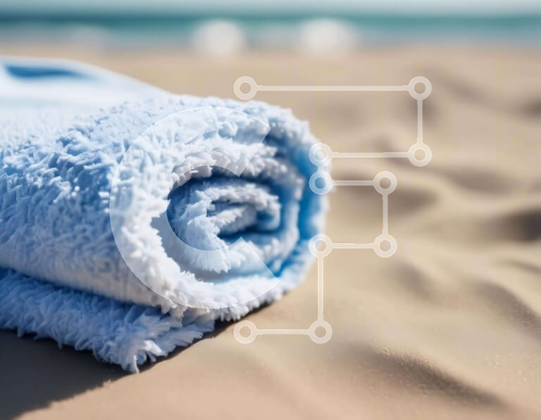 Intra Συλλεκτικό Ξύλινο Παζλ Plywood  4mm - Τακτοποιημένα διπλωμένη μπλε πετσέτα θαλάσσης στην αμμώδη ακτή Σε Ξύλινο Κουτί - Διαστάσεις: 10x10 cm – 25 κομμάτια