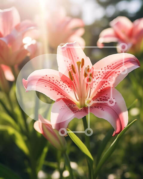 Intra Συλλεκτικό Ξύλινο Παζλ Plywood  4mm - Ροζ κρίνοι σε ένα πράσινο χωράφι με λαμπερή ηλιοφάνεια Σε Ξύλινο Κουτί - Διαστάσεις: 10x10 cm – 25 κομμάτια