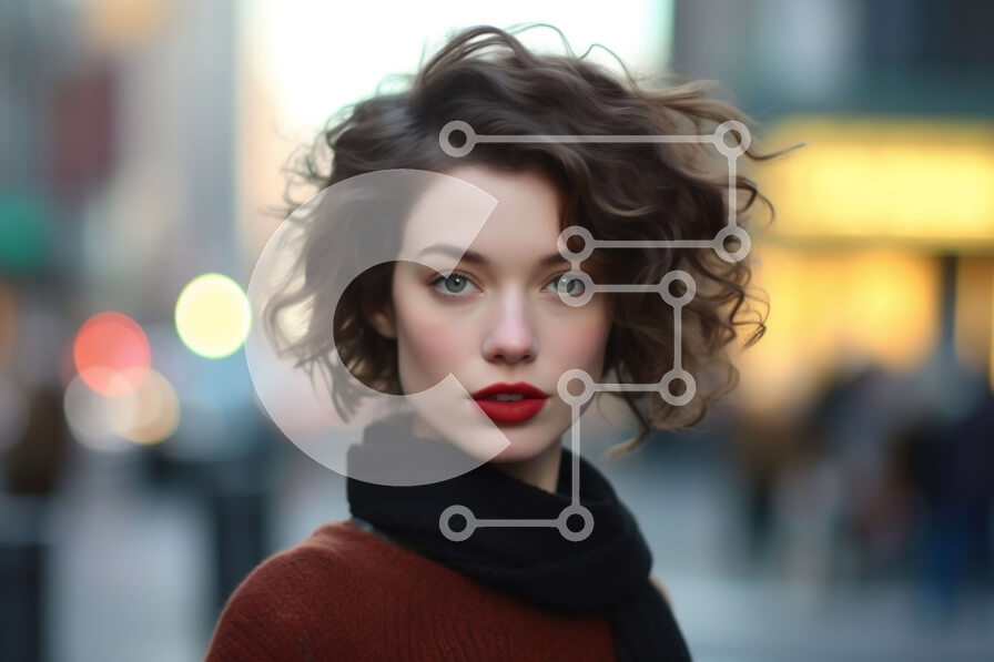 Intra Συλλεκτικό Ξύλινο Παζλ Plywood  4mm - Πορτρέτο μιας γυναίκας που φορά ένα κόκκινο κασκόλ και ένα καφέ πουλόβερ σε έναν δρόμο της πόλης Σε Ξύλινο Κουτί - Διαστάσεις Puzzle: 10x10 cm – 25 κομμάτια