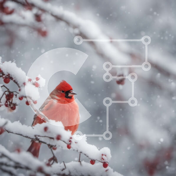 Intra Συλλεκτικό Ξύλινο Παζλ Plywood  4mm - Κόκκινο καρδινάλιο πουλί στο αειθαλές κλαδί δέντρου στο χιόνι Σε Ξύλινο Κουτί - Διαστάσεις: 10x10 cm – 25 κομμάτια