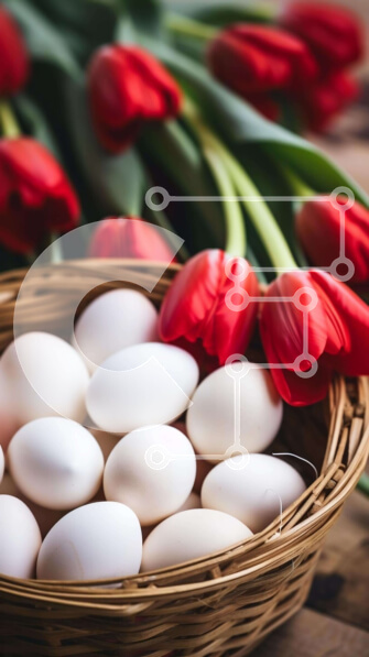 Intra Συλλεκτικό Ξύλινο Παζλ Plywood  4mm - Καλάθι με φρέσκα αυγά και κόκκινες τουλίπες Σε Ξύλινο Κουτί - Διαστάσεις: 10x10 cm – 25 κομμάτια