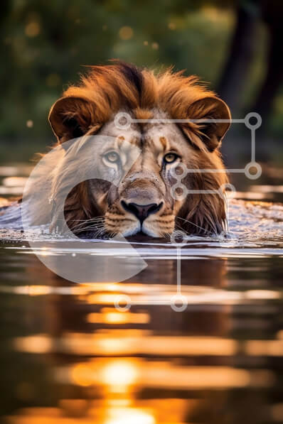 Σετ των 2 Intra Συλλεκτικό Ξύλινο Παζλ Plywood  4mm - Καταπληκτική εικόνα ενός λιονταριού που κολυμπά στο νερό στο ηλιοβασίλεμα Σε Ξύλινο Κουτί - Διαστάσεις: 10x10 cm – 25 κομμάτια