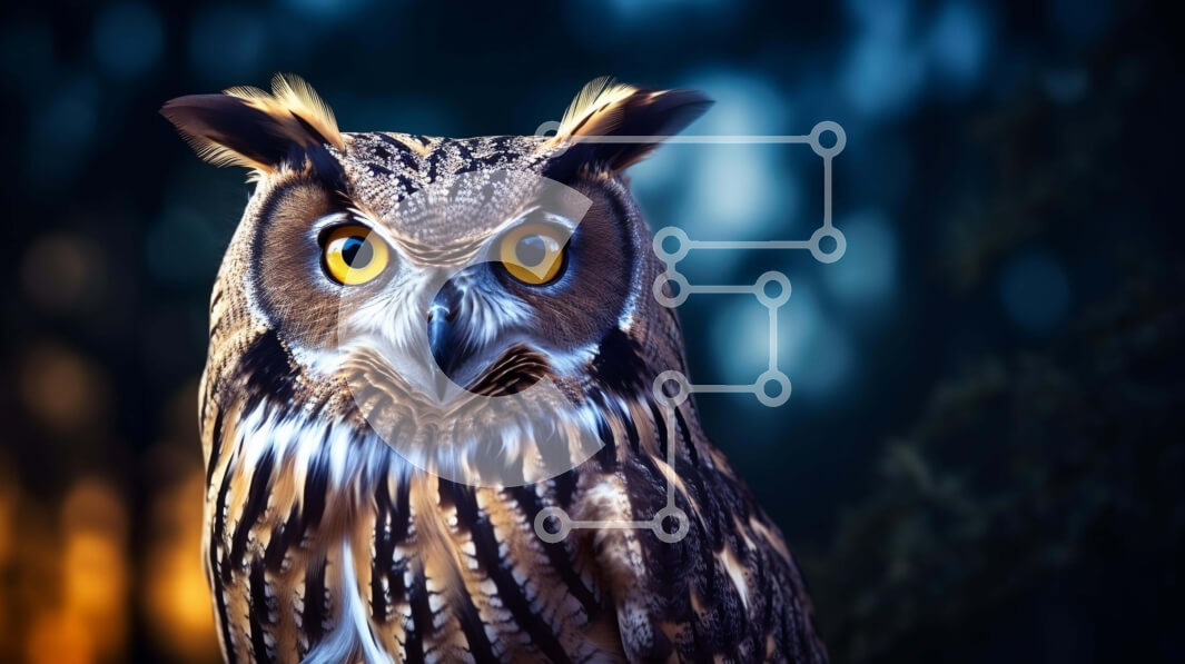 Σετ των 2 Intra Συλλεκτικό Ξύλινο Παζλ Plywood  4mm - Κοντινό πλάνο μιας κουκουβάγιας με μεγάλα κίτρινα μάτια στο σκοτεινό δάσος Σε Ξύλινο Κουτί - Διαστάσεις: 10x10 cm – 25 κομμάτια