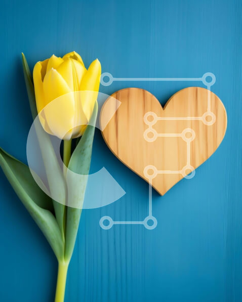 Intra Συλλεκτικό Ξύλινο Παζλ Plywood  4mm - Κίτρινη τουλίπα και αποκοπή σε σχήμα καρδιάς σε μπλε φόντο Σε Ξύλινο Κουτί - Διαστάσεις: 10x10 cm – 25 κομμάτια