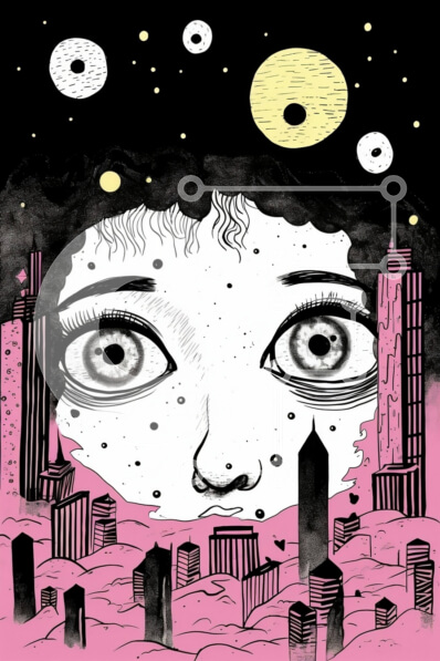 Intra Συλλεκτικό Ξύλινο Παζλ Plywood  4mm - Γυναίκα σε αστικό τοπίο με ορθάνοιχτα μάτια και κύκλους Σε Ξύλινο Κουτί - Διαστάσεις Puzzle: 10x10 cm – 25 κομμάτια