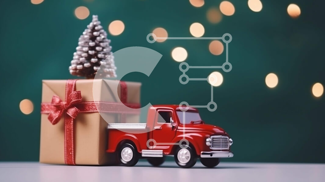 Intra Συλλεκτικό Ξύλινο Παζλ Plywood  4mm - Εορταστική χριστουγεννιάτικη σκηνή με κόκκινο φορτηγό παιχνιδιών και στολισμένο δέντρο Σε Ξύλινο Κουτί - Διαστάσεις: 10x10 cm – 25 κομμάτια