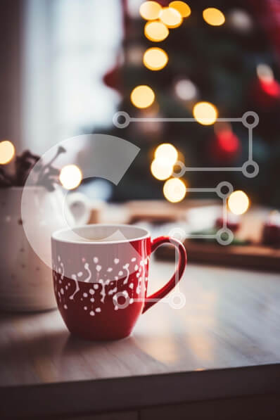 Intra Συλλεκτικό Ξύλινο Παζλ Plywood  4mm - Κόκκινο φλιτζάνι καφέ με μπισκότα και χριστουγεννιάτικο δέντρο στο βάθος Σε Ξύλινο Κουτί - Διαστάσεις: 10x10 cm – 25 κομμάτια