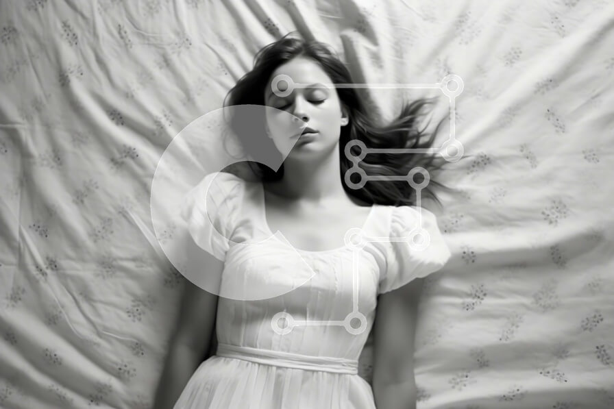 Intra Συλλεκτικό Ξύλινο Παζλ Plywood  4mm - Καταπραϋντική εικόνα γυναίκας με λευκό φόρεμα που χαλαρώνει στο κρεβάτι Σε Ξύλινο Κουτί - Διαστάσεις Puzzle: 10x10 cm – 25 κομμάτια