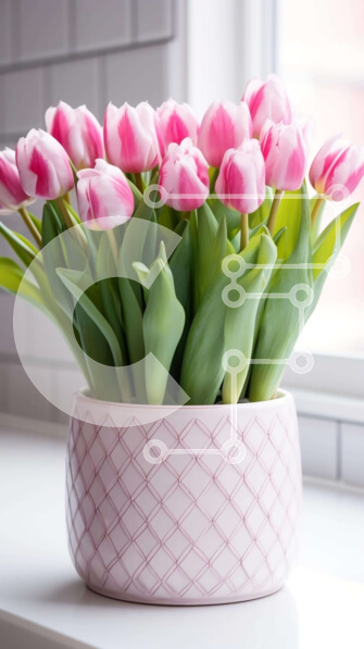 Σετ των 2 Intra Συλλεκτικό Ξύλινο Παζλ Plywood  4mm - Ροζ τουλίπες σε ένα βάζο δίπλα στο παράθυρο Σε Ξύλινο Κουτί - Διαστάσεις: 10x10 cm – 25 κομμάτια