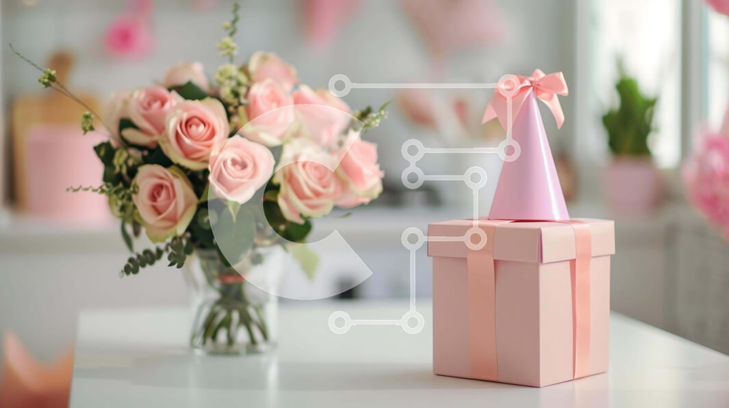 Intra Συλλεκτικό Ξύλινο Παζλ Plywood  4mm - Ροζ Κουτί δώρου γενεθλίων και τριαντάφυλλα με καπέλο για πάρτι και μπαλόνια Σε Ξύλινο Κουτί - Διαστάσεις: 10x10 cm – 25 κομμάτια