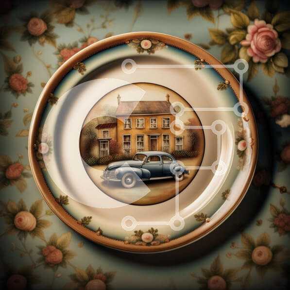 Intra Συλλεκτικό Ξύλινο Παζλ Plywood  4mm - Vintage αυτοκίνητο παρκαρισμένο μπροστά από το σπίτι με ταπετσαρία με λουλούδια Σε Ξύλινο Κουτί - Διαστάσεις Puzzle: 10x10 cm – 25 κομμάτια