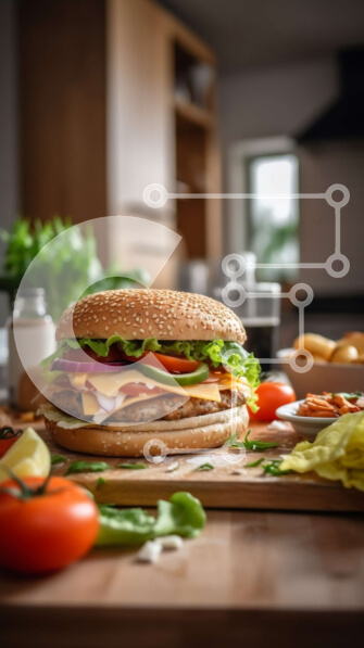 Intra Συλλεκτικό Ξύλινο Παζλ Plywood  4mm - Νόστιμο χάμπουργκερ με μαρούλι, ντομάτα και τυρί σε μια ξύλινη σανίδα κοπής σε μια κουζίνα Σε Ξύλινο Κουτί - Διαστάσεις: 10x10 cm – 25 κομμάτια