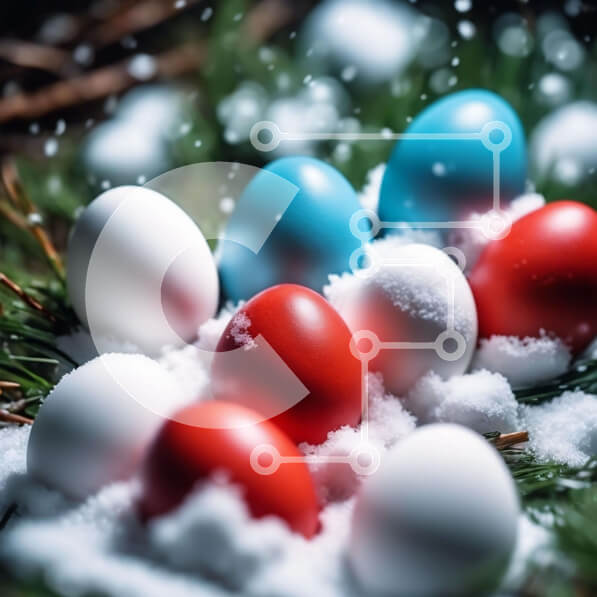 Intra Συλλεκτικό Ξύλινο Παζλ Plywood  4mm - Κόκκινα, λευκά και μπλε αυγά του Πάσχα στο χιόνι Σε Ξύλινο Κουτί - Διαστάσεις: 10x10 cm – 25 κομμάτια