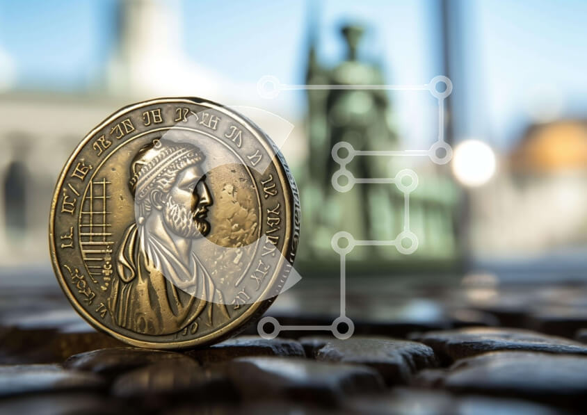 Intra Συλλεκτικό Ξύλινο Παζλ Plywood  4mm - Χρυσό νόμισμα σε βράχους με αγάλματα και μνημεία Σε Ξύλινο Κουτί - Διαστάσεις Puzzle: 10x10 cm – 25 κομμάτια