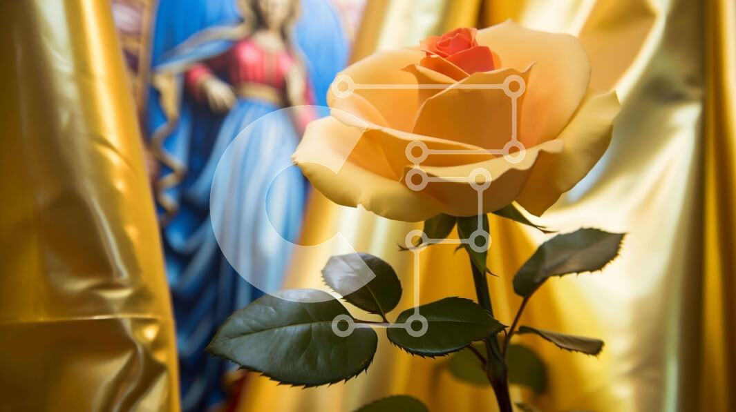 Intra Συλλεκτικό Ξύλινο Παζλ Plywood  4mm - Άγαλμα κίτρινου τριαντάφυλλου και της Μαρίας σε θρησκευτικό περιβάλλον Σε Ξύλινο Κουτί - Διαστάσεις Puzzle: 10x10 cm – 25 κομμάτια