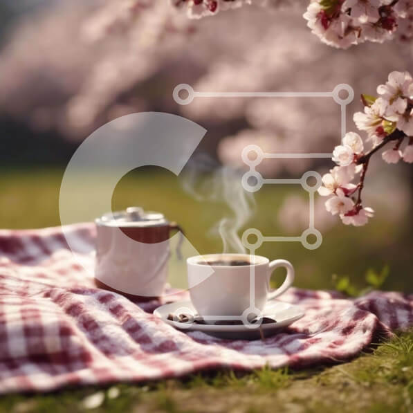 Intra Συλλεκτικό Ξύλινο Παζλ Plywood  4mm - Πρωινός καφές κάτω από τις ανθισμένες κερασιές Σε Ξύλινο Κουτί - Διαστάσεις Puzzle: 10x10 cm – 25 κομμάτια