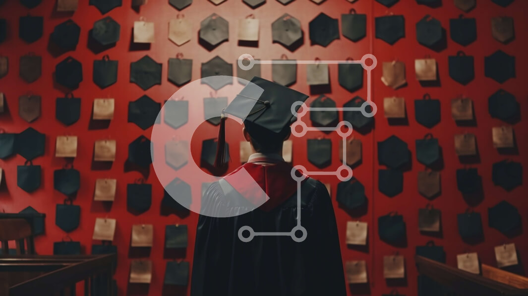 Intra Συλλεκτικό Ξύλινο Παζλ Plywood  4mm - Εικόνα αποφοίτησης πτυχιούχου με καπέλο και φόρεμα που στέκεται μπροστά από τον τοίχο διπλώματος Σε Ξύλινο Κουτί - Διαστάσεις Puzzle: 10x10 cm – 25 κομμάτια