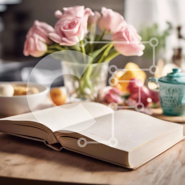 Σετ των 2 Intra Συλλεκτικό Ξύλινο Παζλ Plywood  4mm - Ανοιχτό βιβλίο και φαγητό σε ξύλινο τραπέζι με ροζ λουλούδια Σε Ξύλινο Κουτί - Διαστάσεις: 10x10 cm – 25 κομμάτια