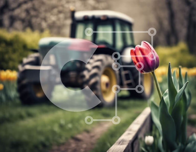 Intra Συλλεκτικό Ξύλινο Παζλ Plywood  4mm - Κόκκινη τουλίπα σε ένα πράσινο χωράφι με γεωργικό εξοπλισμό Σε Ξύλινο Κουτί - Διαστάσεις: 10x10 cm – 25 κομμάτια