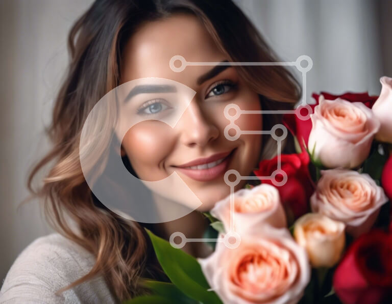 Intra Συλλεκτικό Ξύλινο Παζλ Plywood  4mm - Ευτυχισμένη γυναίκα που κρατά ένα μπουκέτο με τριαντάφυλλα Σε Ξύλινο Κουτί - Διαστάσεις Puzzle: 10x10 cm – 25 κομμάτια