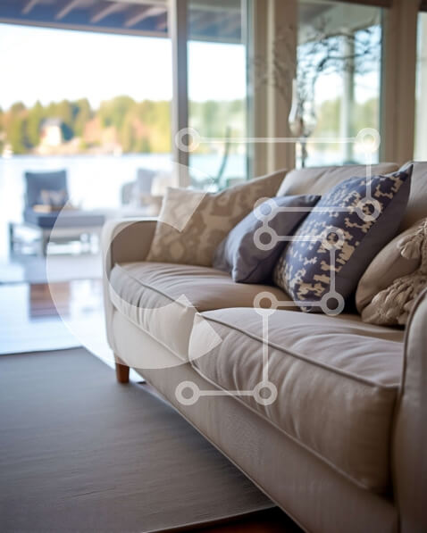 Intra Συλλεκτικό Ξύλινο Παζλ Plywood  4mm - Άνετο σαλόνι με μπεζ καναπέ και θέα στο νερό Σε Ξύλινο Κουτί - Διαστάσεις Puzzle: 10x10 cm – 25 κομμάτια