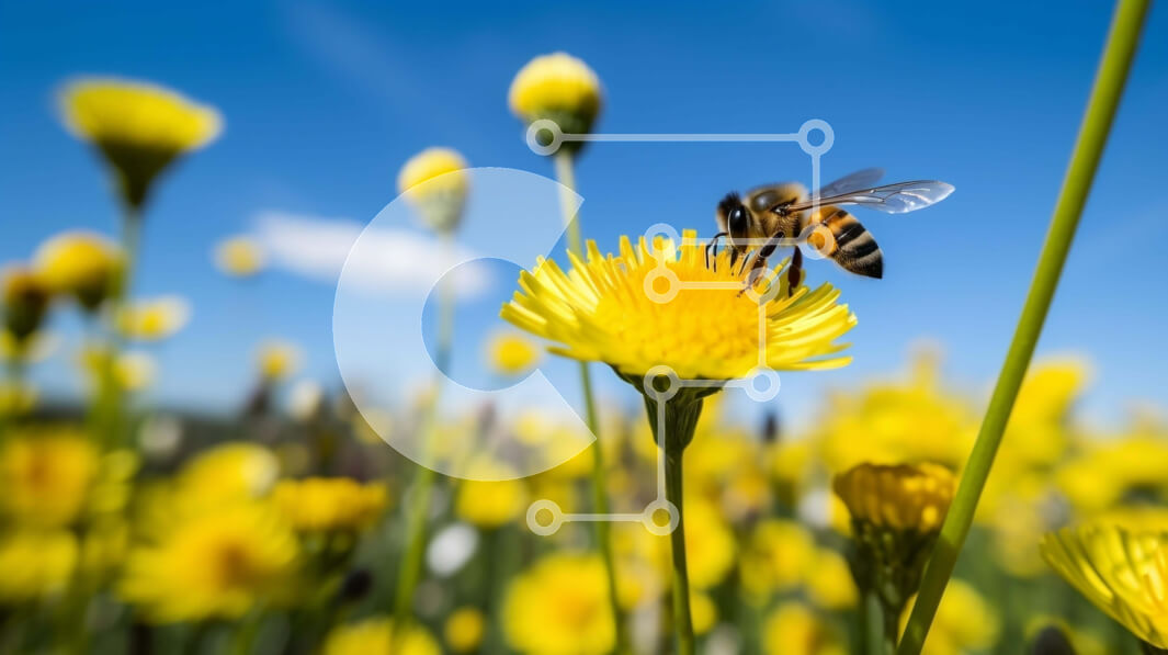 Intra Συλλεκτικό Ξύλινο Παζλ Plywood  4mm - Μέλισσα σε κίτρινες πικραλίδες με μπλε ουρανό και σύννεφα Σε Ξύλινο Κουτί - Διαστάσεις: 10x10 cm – 25 κομμάτια