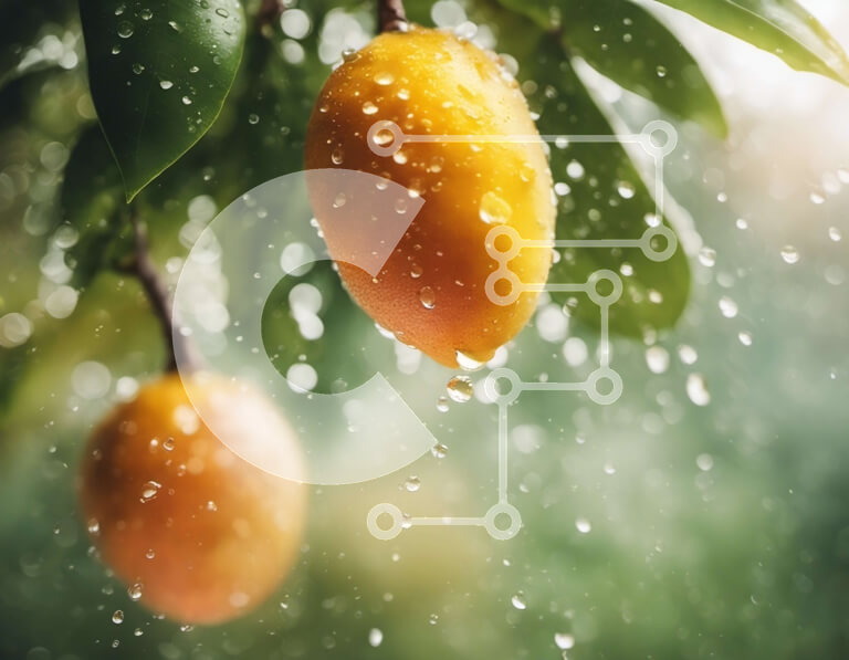 Intra Συλλεκτικό Ξύλινο Παζλ Plywood  4mm - Κίτρινα μάνγκο που κρέμονται από κλαδί δέντρου με σταγονίδια νερού Σε Ξύλινο Κουτί - Διαστάσεις: 10x10 cm – 25 κομμάτια