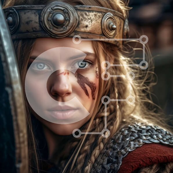 Intra Συλλεκτικό Ξύλινο Παζλ Plywood  4mm - Άγρια γυναίκα Βίκινγκ με ασπίδα και κράνος - Φωτογραφία Αρχείου Σε Ξύλινο Κουτί - Διαστάσεις Puzzle: 10x10 cm – 25 κομμάτια