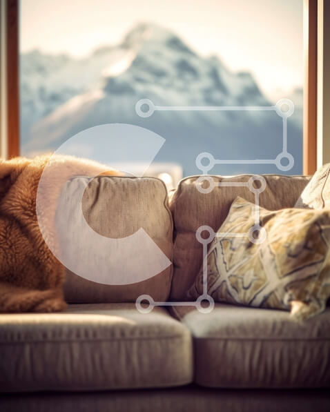 Intra Συλλεκτικό Ξύλινο Παζλ Plywood  4mm - Άνετη γούνινη κουβέρτα καφέ στον καναπέ του σαλονιού με θέα στο χιονισμένο βουνό Σε Ξύλινο Κουτί - Διαστάσεις Puzzle: 10x10 cm – 25 κομμάτια