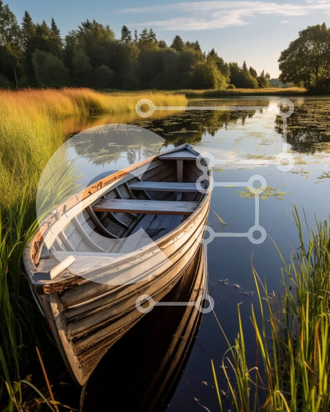 Σετ των 2 Intra Συλλεκτικό Ξύλινο Παζλ Plywood  4mm - Γαλήνια εικόνα μιας μικρής ξύλινης βάρκας σε μια ήρεμη λίμνη στο ηλιοβασίλεμα Σε Ξύλινο Κουτί - Διαστάσεις: 10x10 cm – 25 κομμάτια